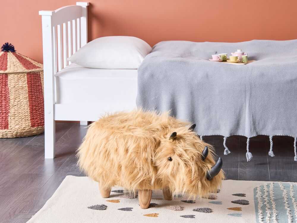 Fotelis Beliani Pufas gyvūnas WOOLLY dirbtinio kailio smėlio spalvos raganosis