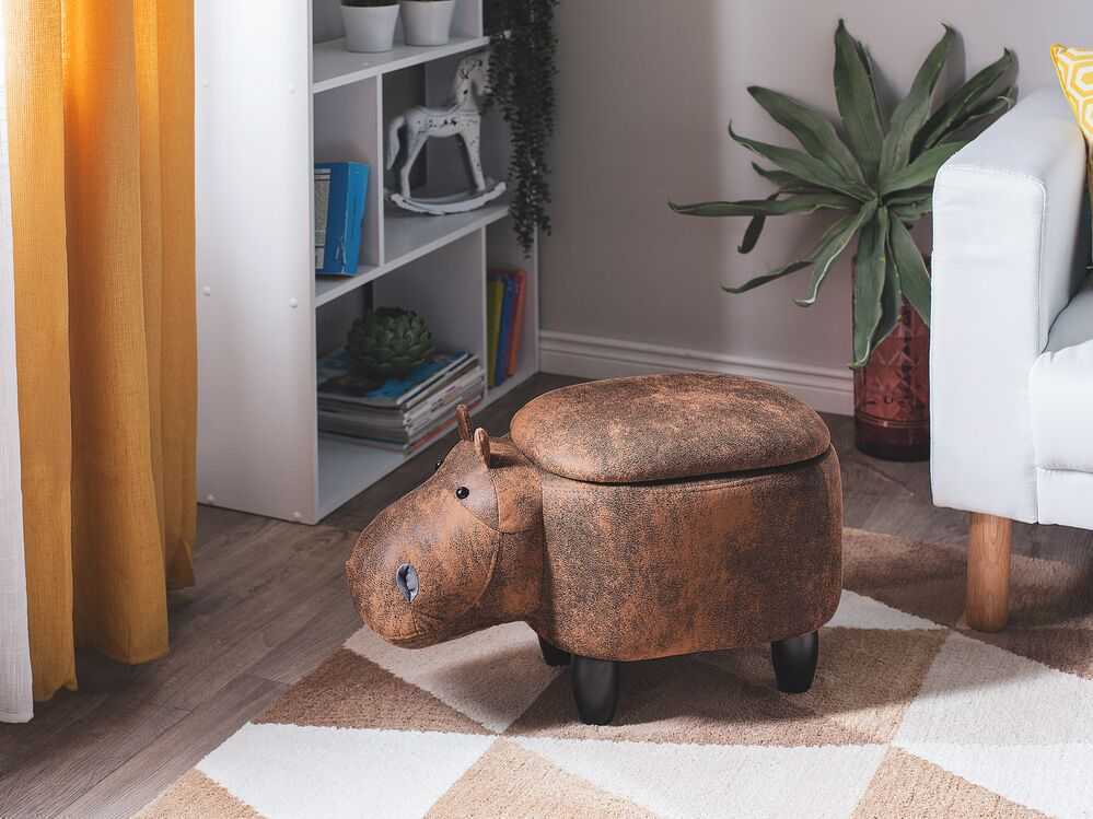 Fotelis Beliani Gyvūno formos pufas su daiktadėže HIPPO, eko oda, rudas hipopotamas