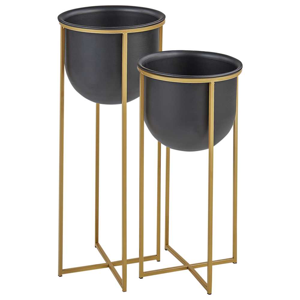 Beliani 2 vazonų rinkinys su kojelėmis THUJA metalinis 21 cm juodas