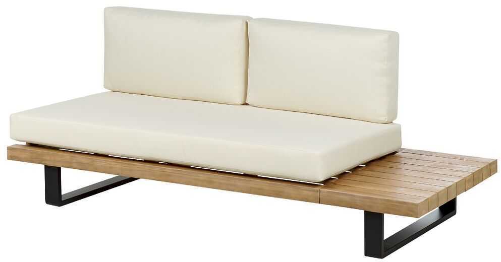 Lauko baldų komplektas Beliani Sodo kampinė sofa su staliuku 5 asmenims MYKONOS dešininė, kreminės spalvos, sertifikuota akacijos mediena