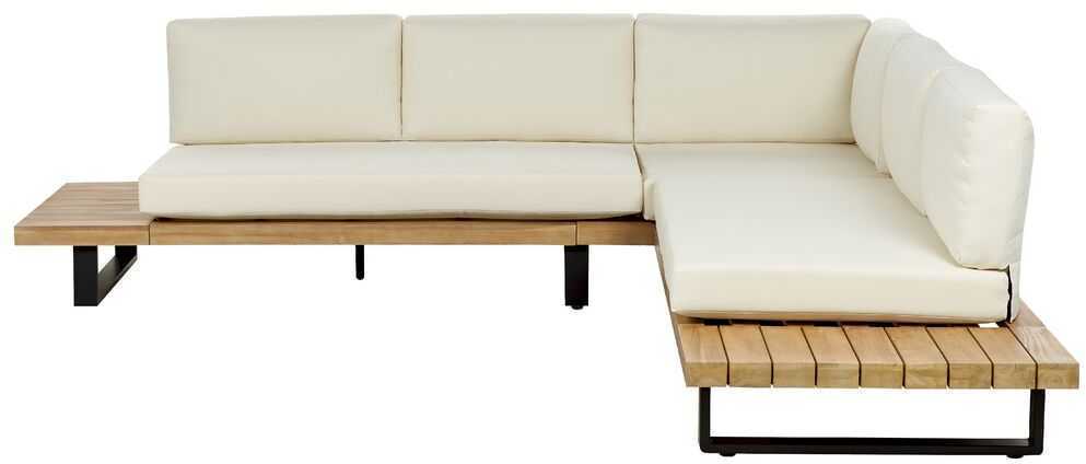 Lauko baldų komplektas Beliani Sodo kampinė sofa su staliuku 5 asmenims MYKONOS dešininė, kreminės spalvos, sertifikuota akacijos mediena