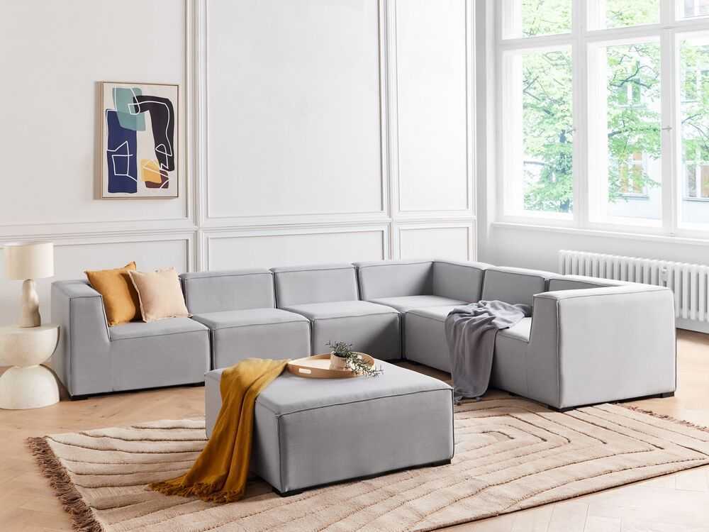 Lauko baldų komplektas Beliani Sodo kampinė sofa su pufu 7 asmenims AREZZO kairinė šviesiai pilka modulinė