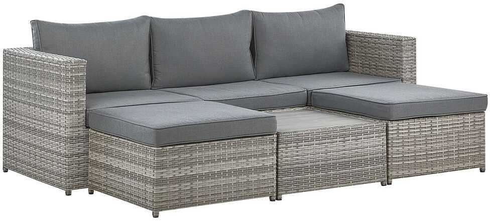 Lauko baldų komplektas Beliani Sodo kampinė sofa su staliuku 5 asmenims SABBIA modulinė iš dirbtinio ratano dešininė šviesiai pilka