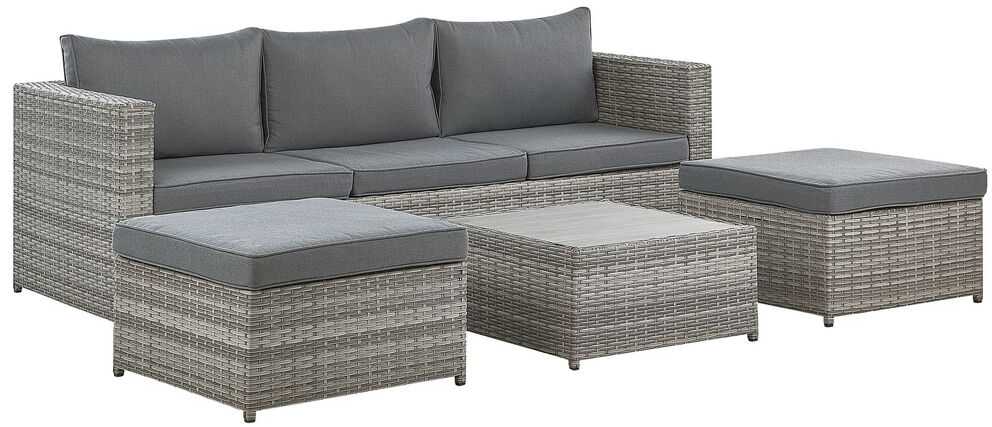Lauko baldų komplektas Beliani Sodo kampinė sofa su staliuku 5 asmenims SABBIA modulinė iš dirbtinio ratano dešininė šviesiai pilka