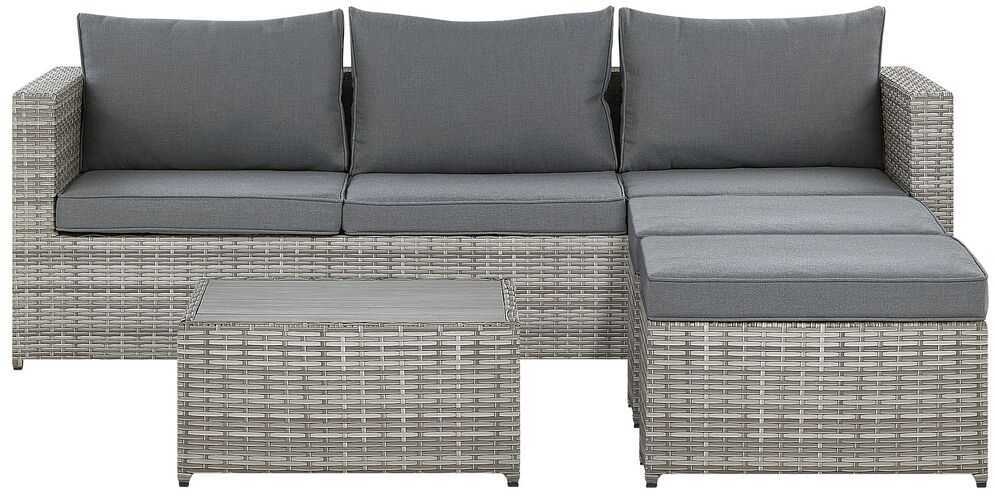 Lauko baldų komplektas Beliani Sodo kampinė sofa su staliuku 5 asmenims SABBIA Modulinis technoratanas Kairinis Šviesiai pilkas