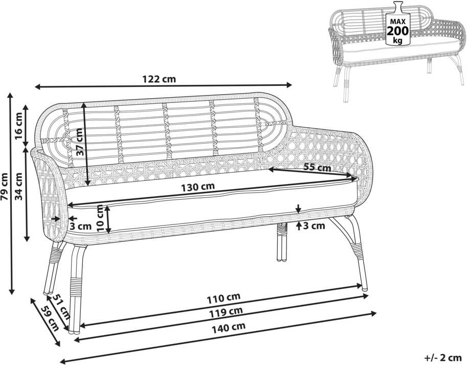 Sofa Beliani Sodo suoliukas su pagalve PRATELLO 122 cm, technorotangas, natūrali spalva