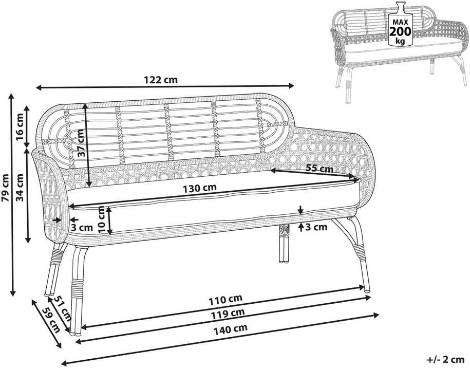 Sofa Beliani Sodo suoliukas su pagalve PRATELLO 122 cm, technorotangas, natūrali spalva