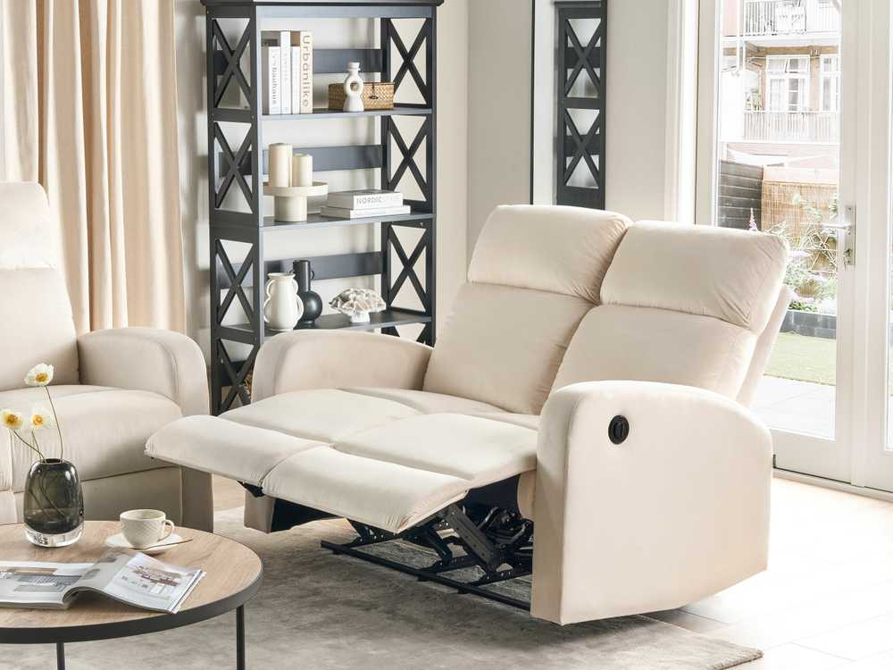 Beliani 2 vietų sofa su elektrine relaksacijos funkcija VERDAL, veliūrinė, smėlio spalvos