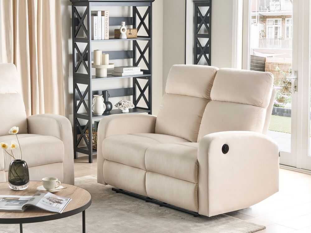 Beliani 2 vietų sofa su elektrine relaksacijos funkcija VERDAL, veliūrinė, smėlio spalvos