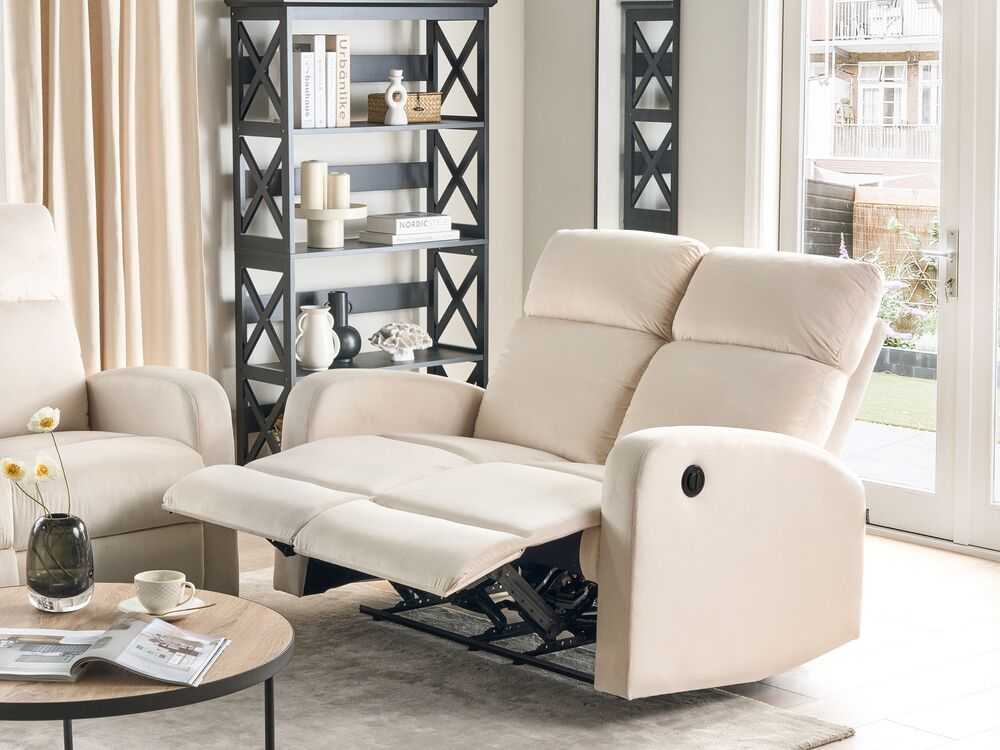 Beliani 2 vietų sofa su elektrine relaksacijos funkcija VERDAL, veliūrinė, smėlio spalvos