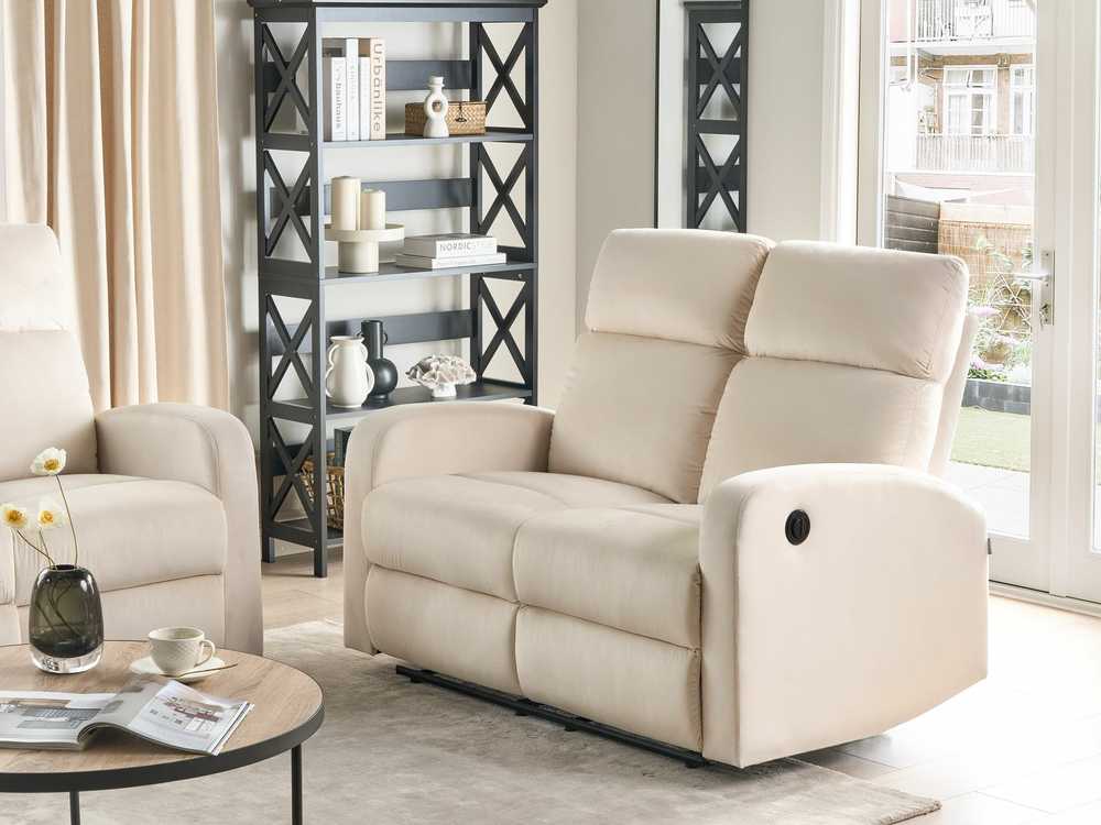 Beliani 2 vietų sofa su elektrine relaksacijos funkcija VERDAL, veliūrinė, smėlio spalvos