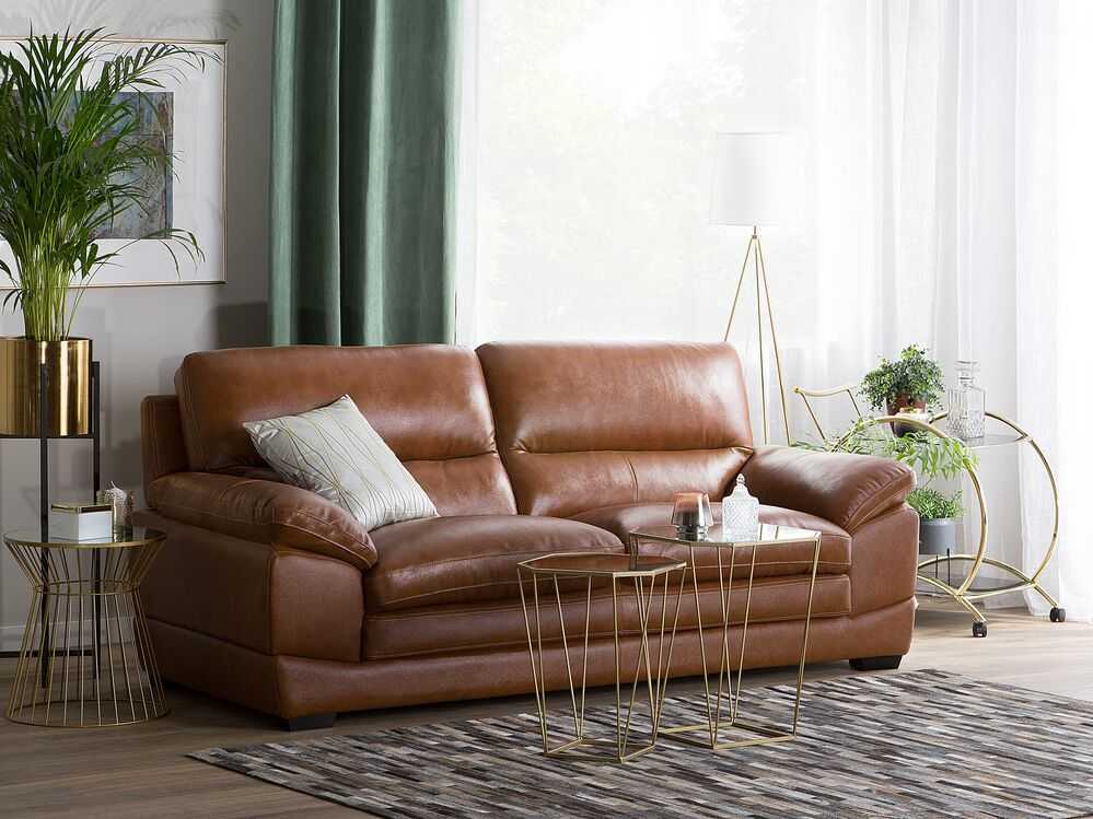 Beliani Trivietė sofa HORTEN Natūrali oda Auksinė ruda