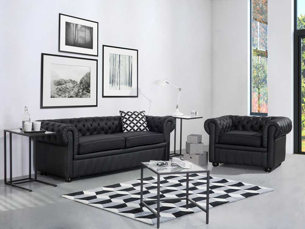 Beliani Trivietė sofa CHESTERFIELD Natūrali oda Juoda
