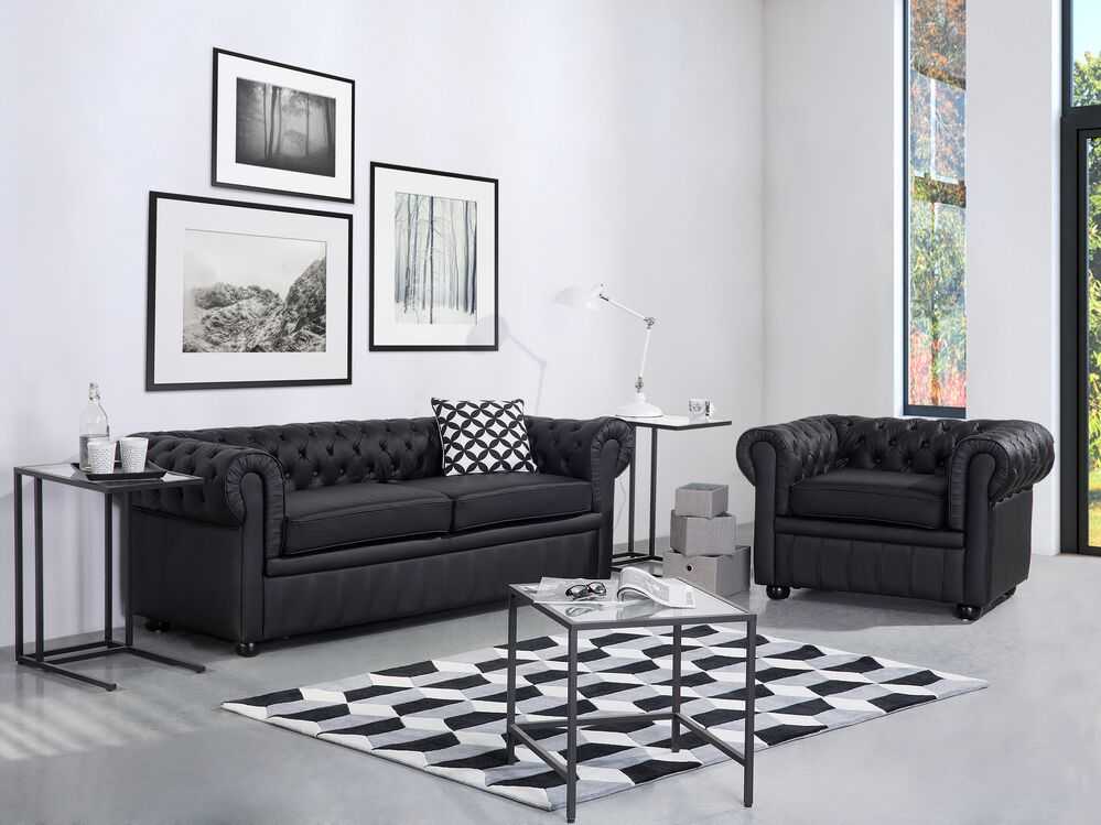 Beliani Trivietė sofa CHESTERFIELD Natūrali oda Juoda