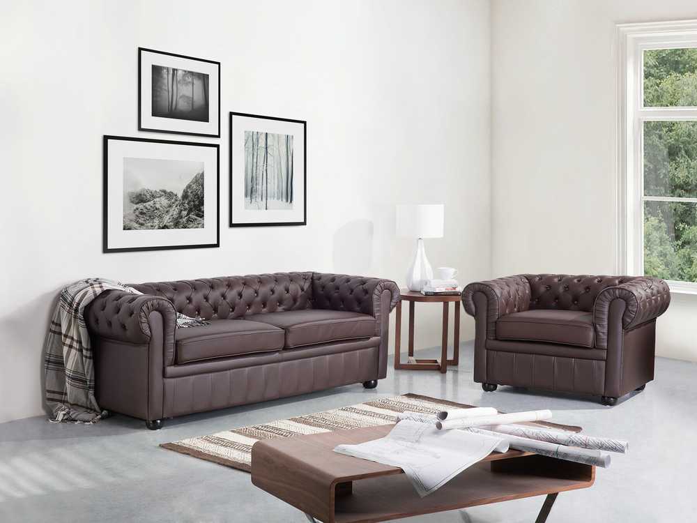 Beliani Trijų vietų sofa CHESTERFIELD Natūrali oda Ruda