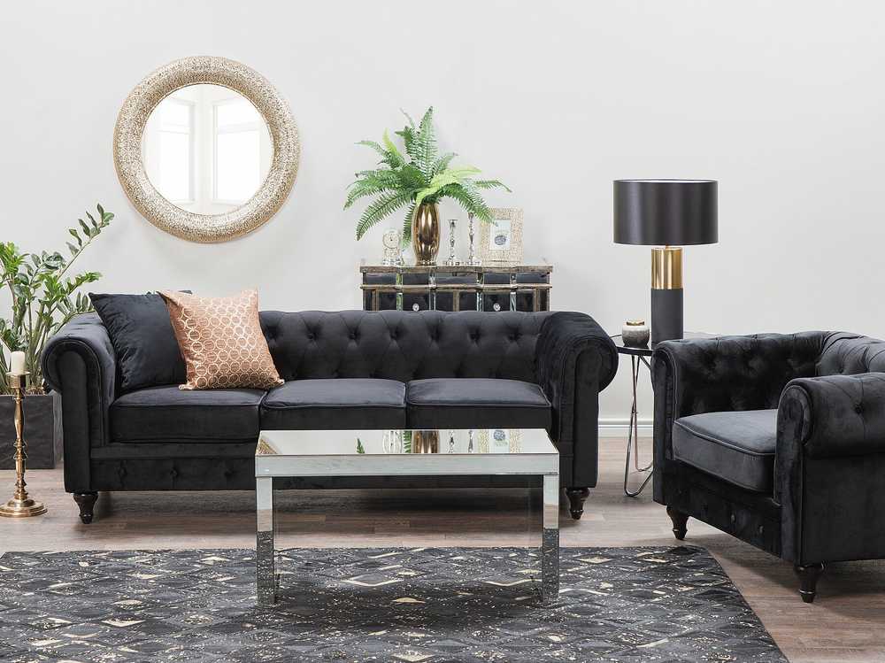 Beliani CHESTERFIELD 3 vietų sofa, veliūrinė, juoda