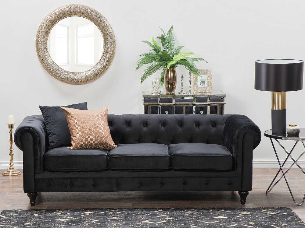Beliani CHESTERFIELD 3 vietų sofa, veliūrinė, juoda