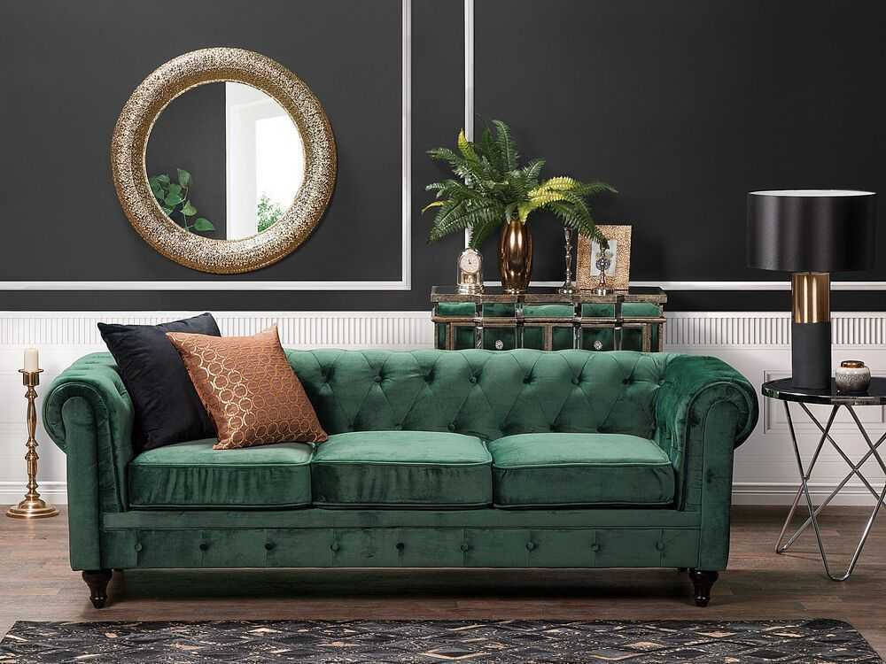 Beliani CHESTERFIELD trijų vietų veliūrinė sofa, smaragdo žalios spalvos