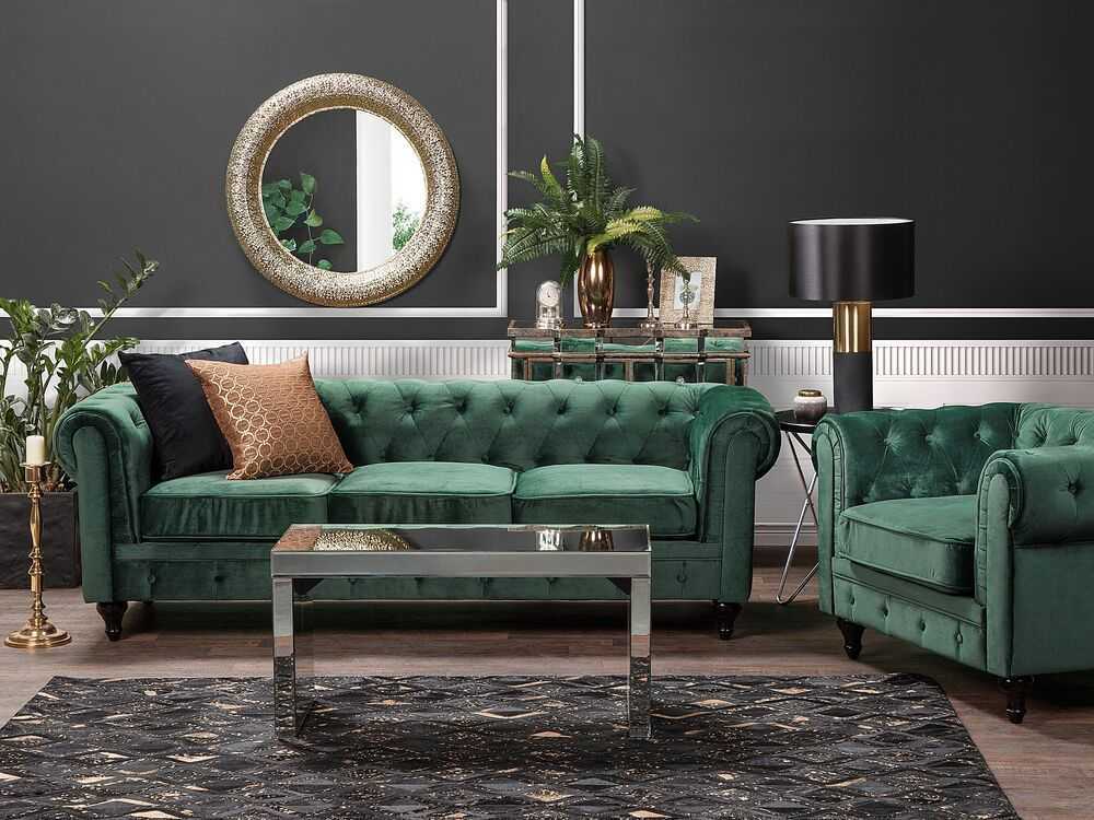 Beliani CHESTERFIELD trijų vietų veliūrinė sofa, smaragdo žalios spalvos