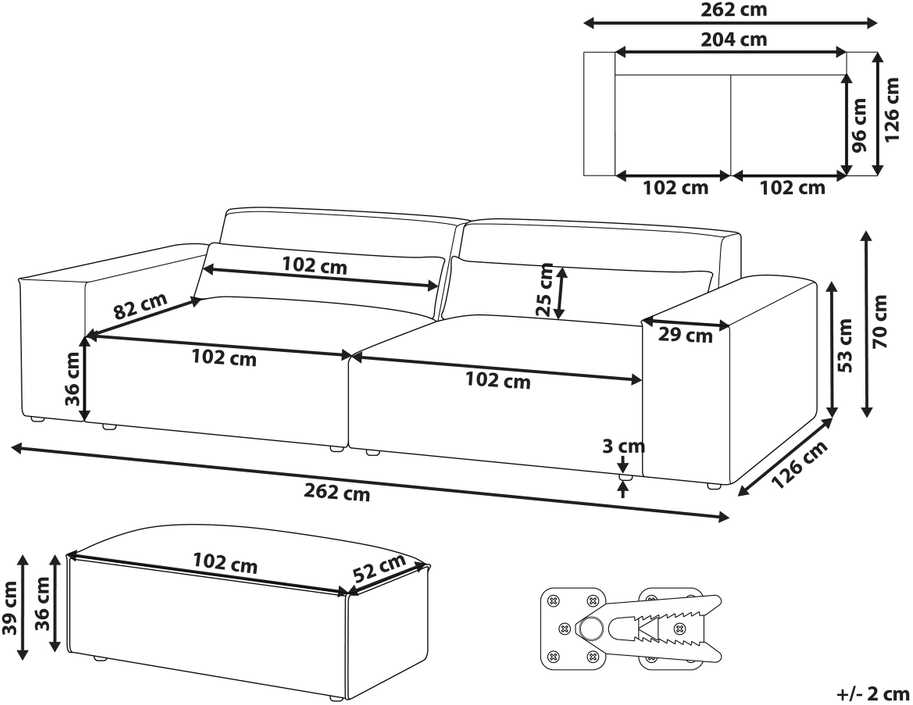 Beliani Trivietė modulinė sofa HELLNAR su otomana, pilka