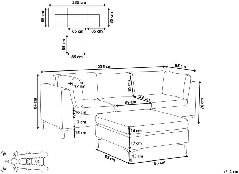 Beliani 3 vietų modulinė sofa EVJA su pufu, tamsiai mėlynas veliūras