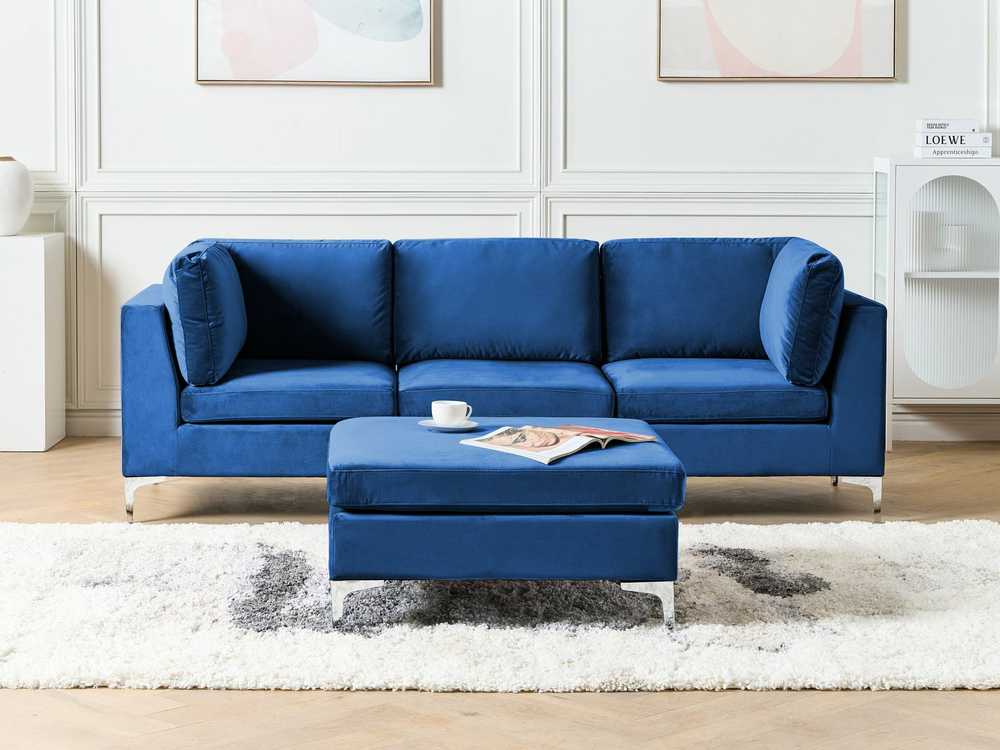 Beliani 3 vietų modulinė sofa EVJA su pufu, tamsiai mėlynas veliūras