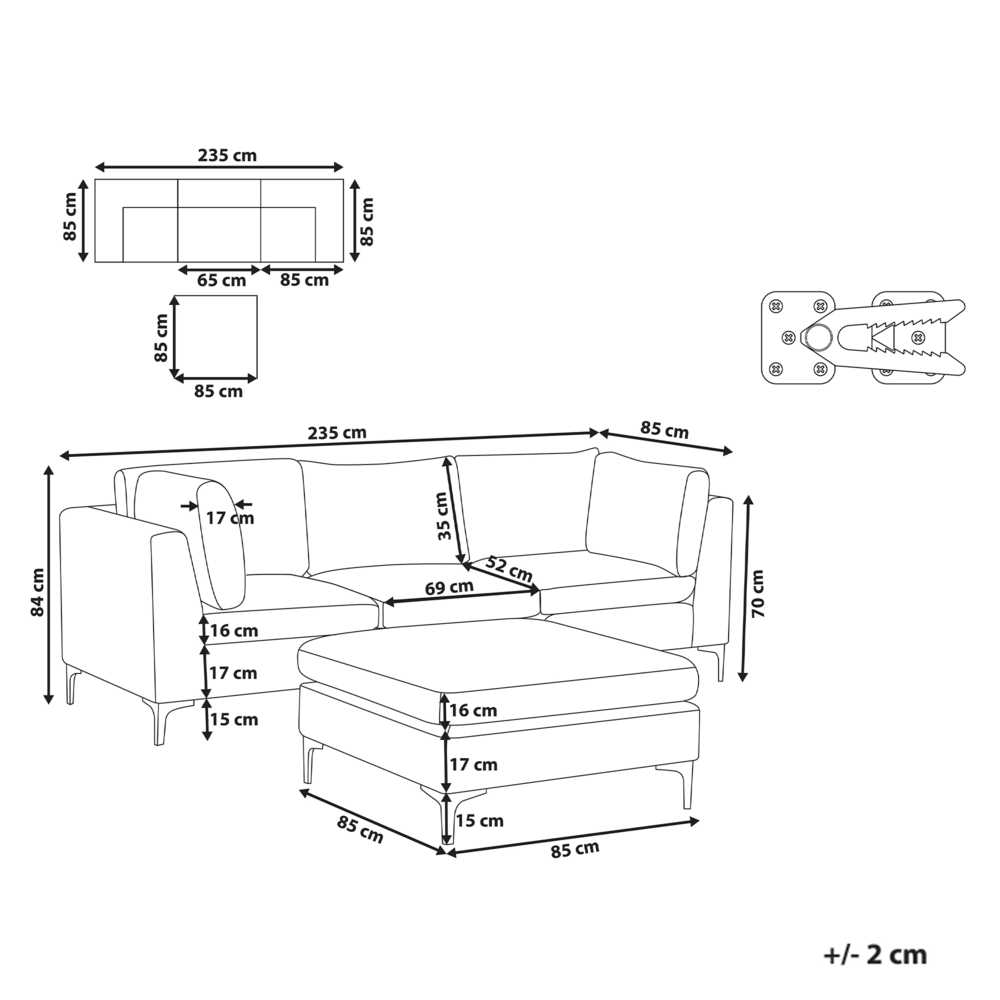 Beliani 3 vietų modulinė sofa EVJA su pufu, tamsiai mėlynas veliūras