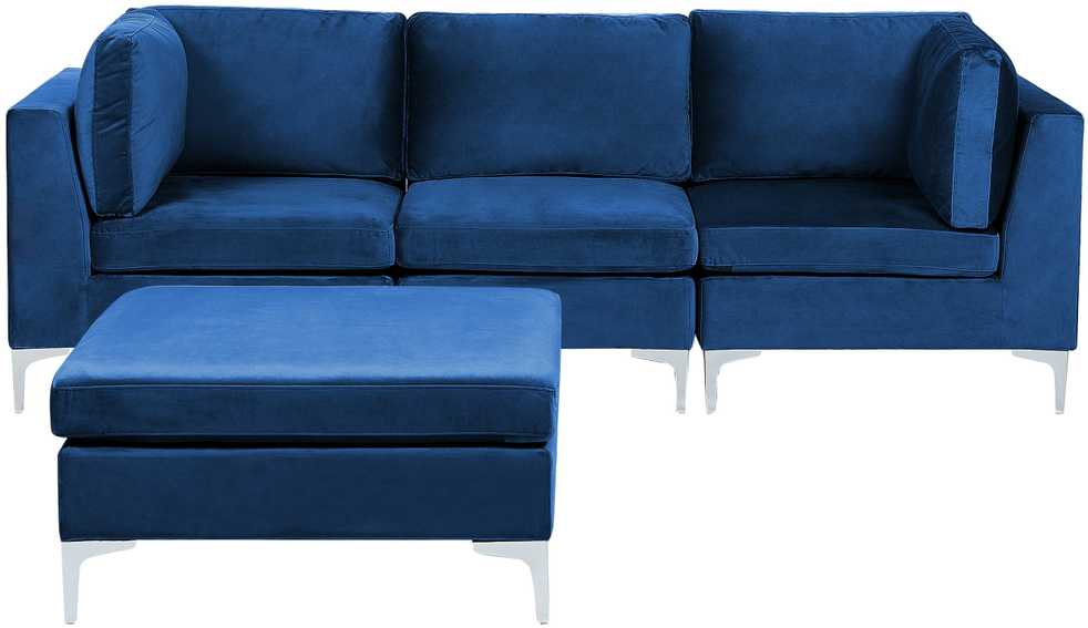 Beliani 3 vietų modulinė sofa EVJA su pufu, tamsiai mėlynas veliūras