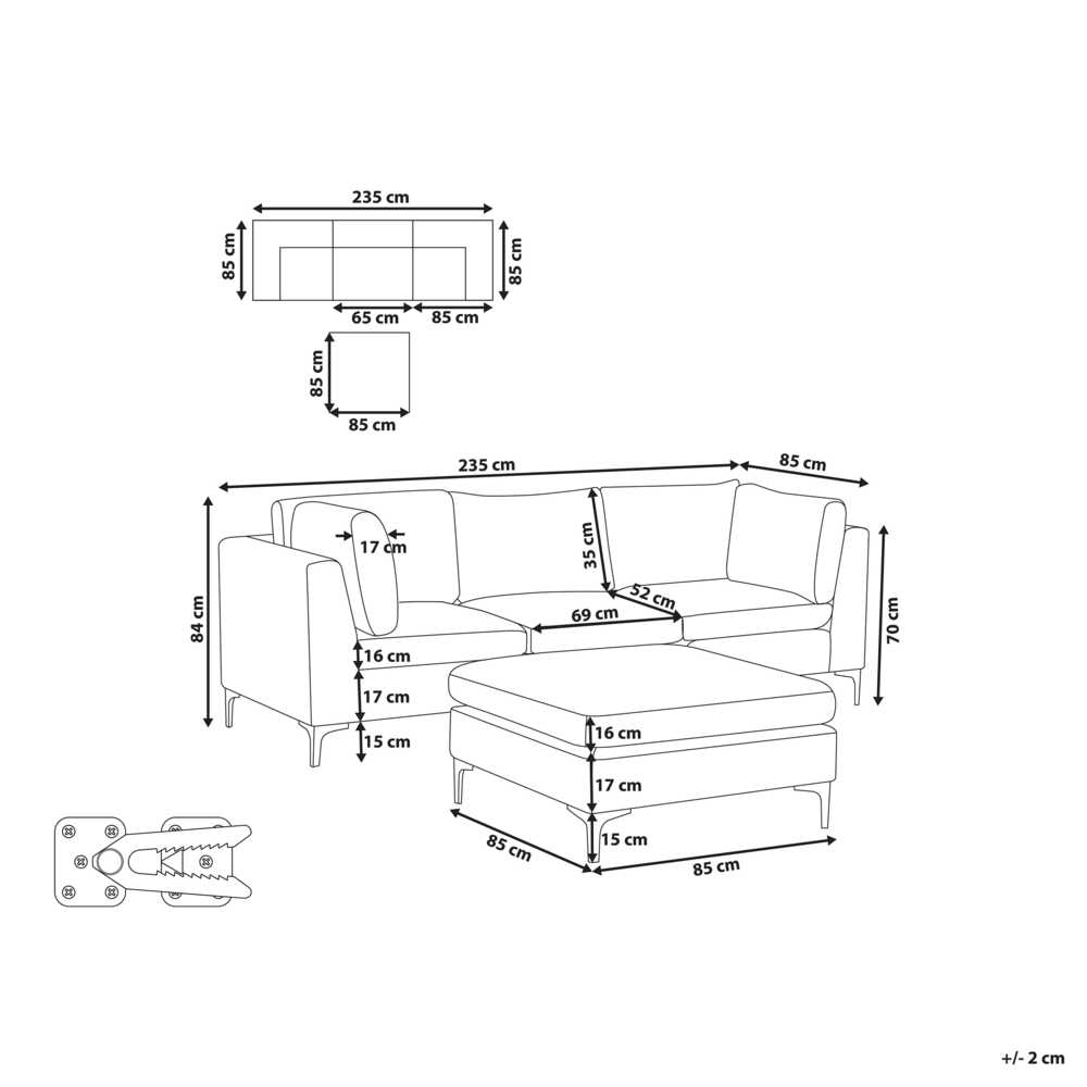 Beliani 3 vietų modulinė sofa EVJA su pufu, tamsiai mėlynas veliūras