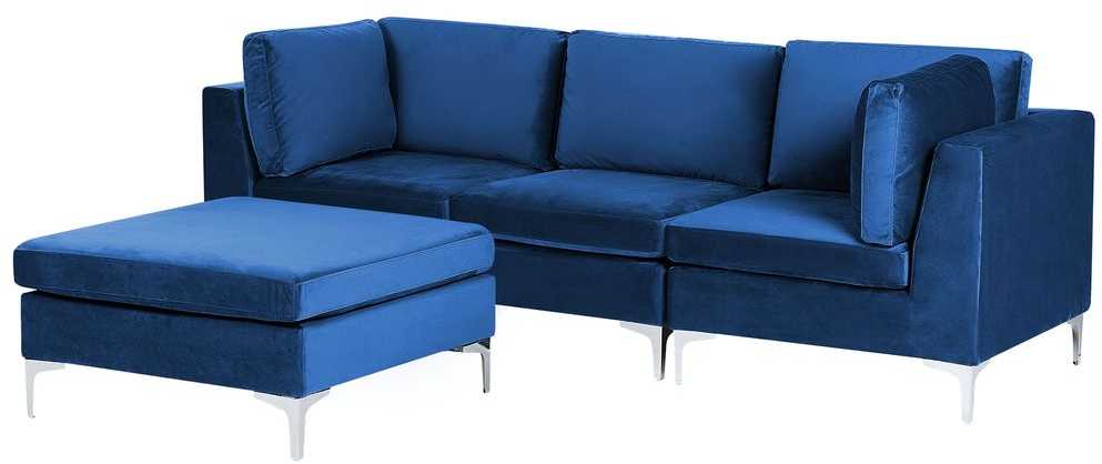 Beliani 3 vietų modulinė sofa EVJA su pufu, tamsiai mėlynas veliūras