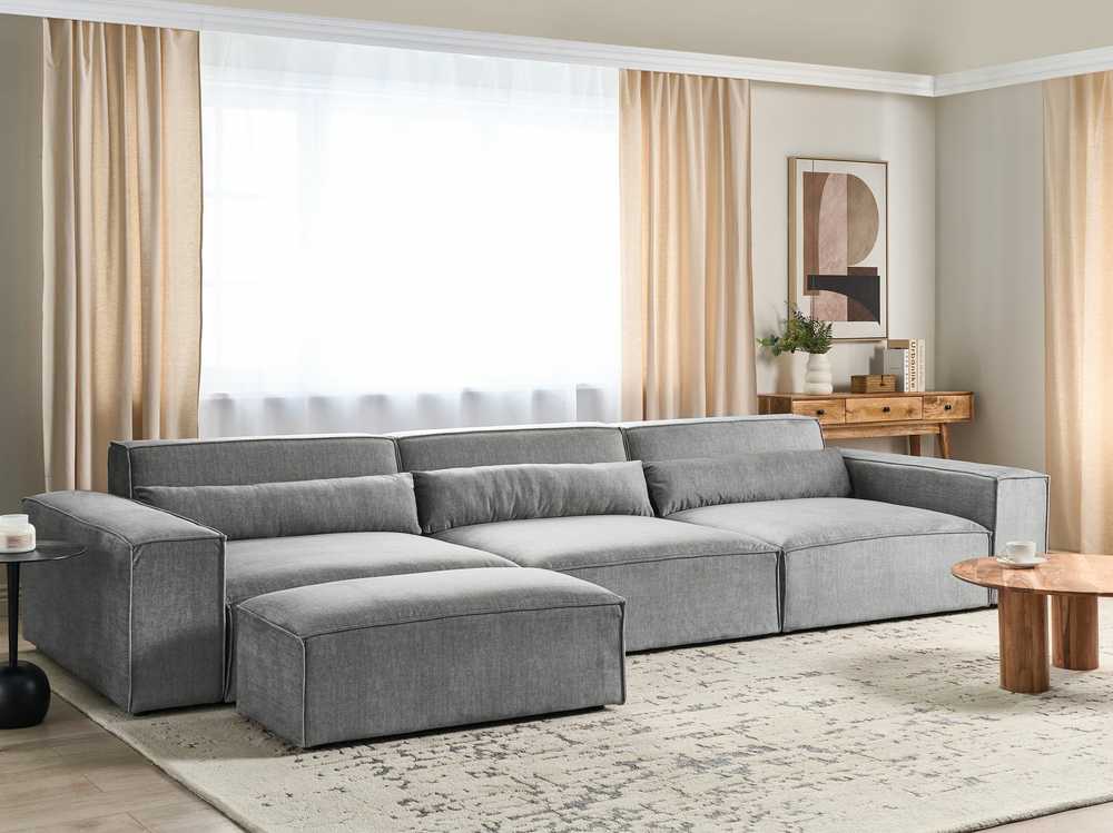 Beliani MODULINĖ 3 vietų sofa HELLNAR pilka su pufas