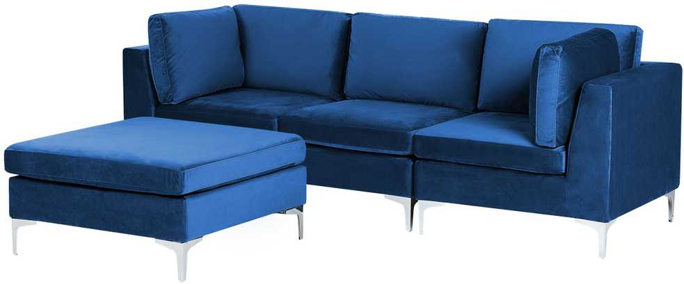 Beliani 3 vietų modulinė sofa EVJA su pufu, tamsiai mėlynas veliūras