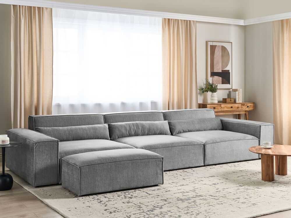 Beliani MODULINĖ 3 vietų sofa HELLNAR pilka su pufas