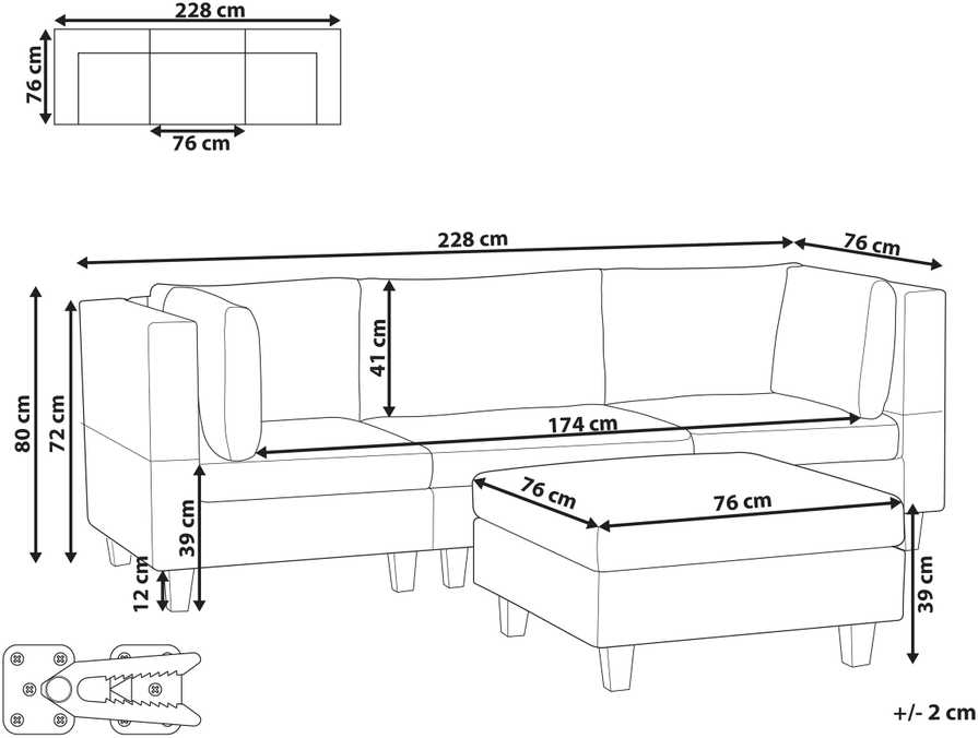 Beliani Modulinė 3 vietų sofa UNSTAD, ruda su pufu