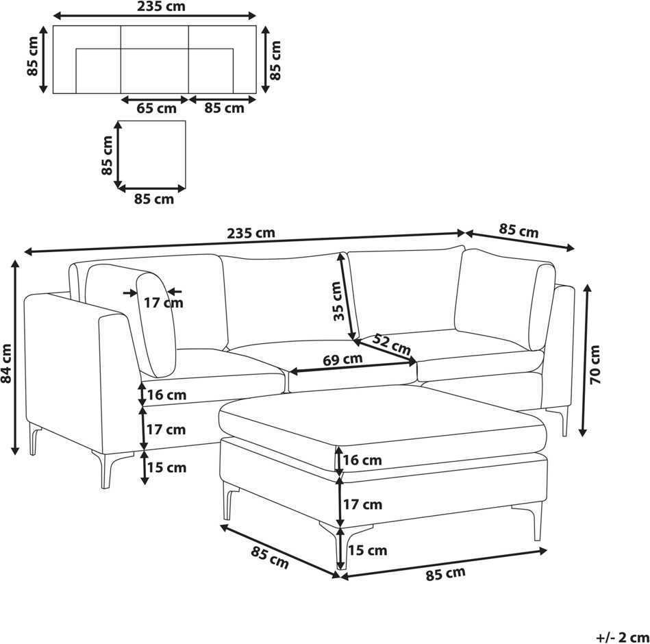 Beliani 3 vietų modulinė sofa EVJA su pufu, tamsiai mėlynas veliūras