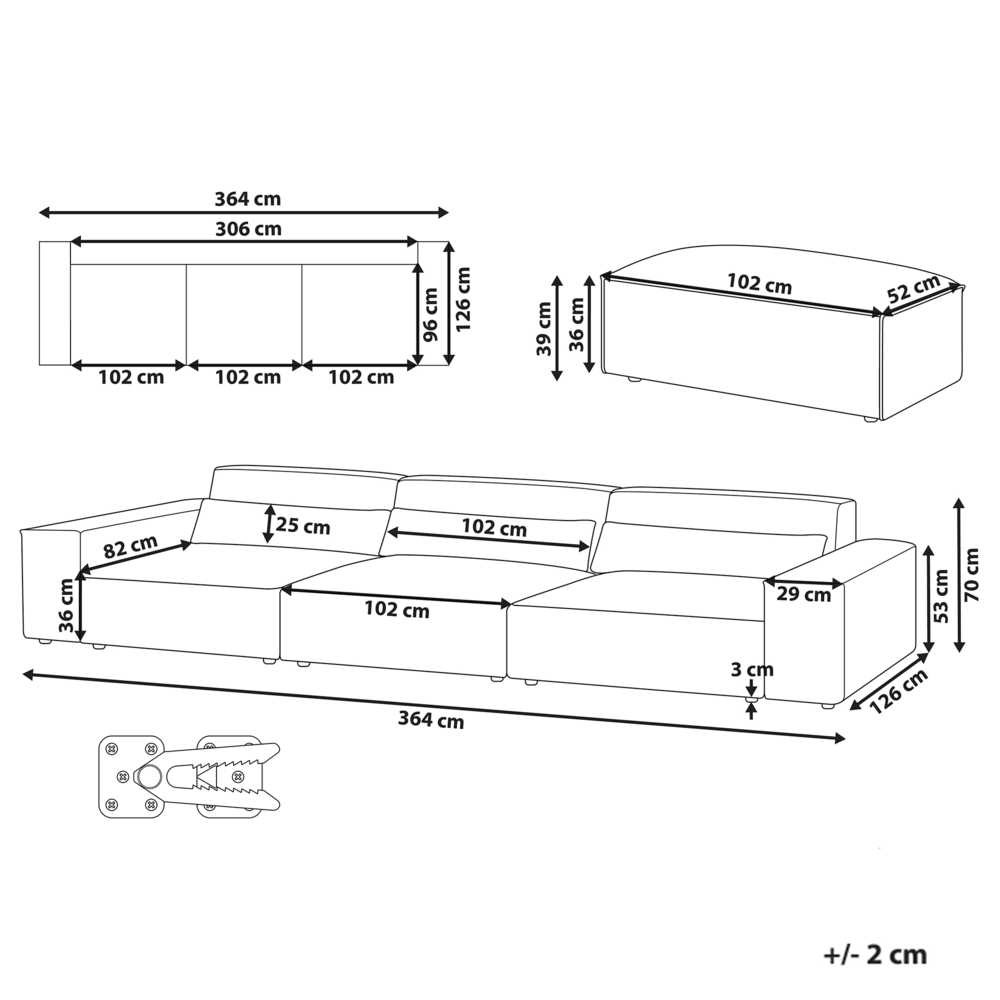 Beliani MODULINĖ 3 vietų sofa HELLNAR pilka su pufas