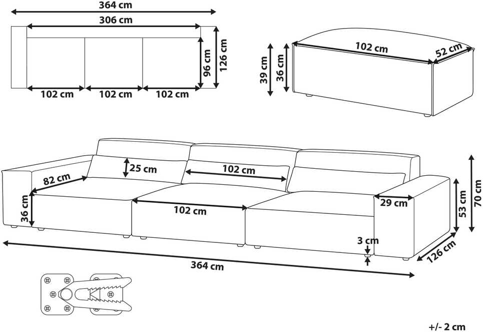 Beliani MODULINĖ 3 vietų sofa HELLNAR pilka su pufas