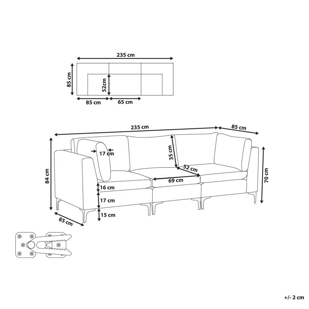 Beliani Trijų vietų modulinė sofa EVJA pilkas veliūras