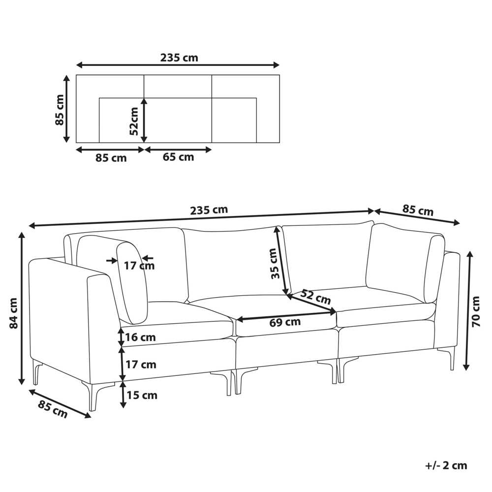 Beliani Trijų vietų modulinė sofa EVJA pilkas veliūras