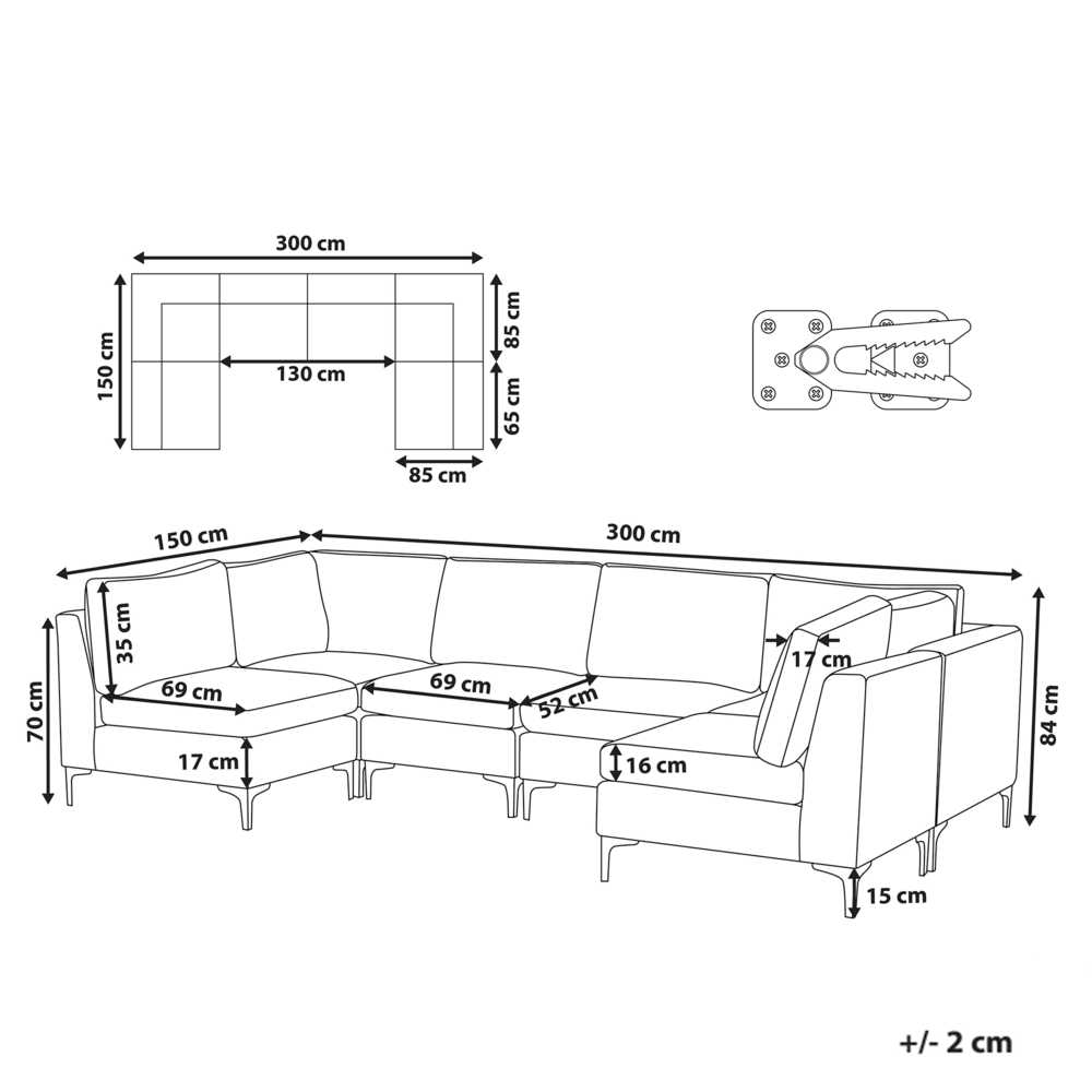 Beliani Modulinė U formos sofa 6 asmenims EVJA žalias veliūras