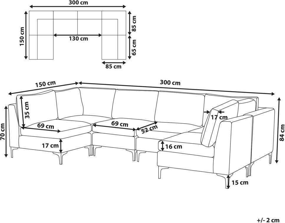 Beliani Modulinė U formos sofa 6 asmenims EVJA pilko veliūro