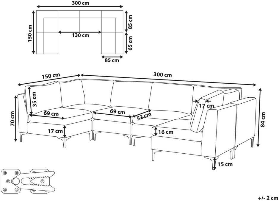 Beliani Modulinė U formos sofa 6 asmenims EVJA žalias veliūras