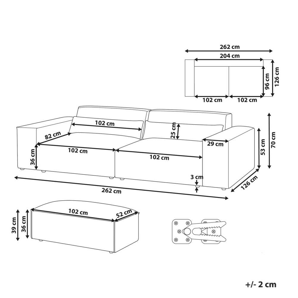 Beliani Trivietė modulinė sofa HELLNAR su otomana, pilka