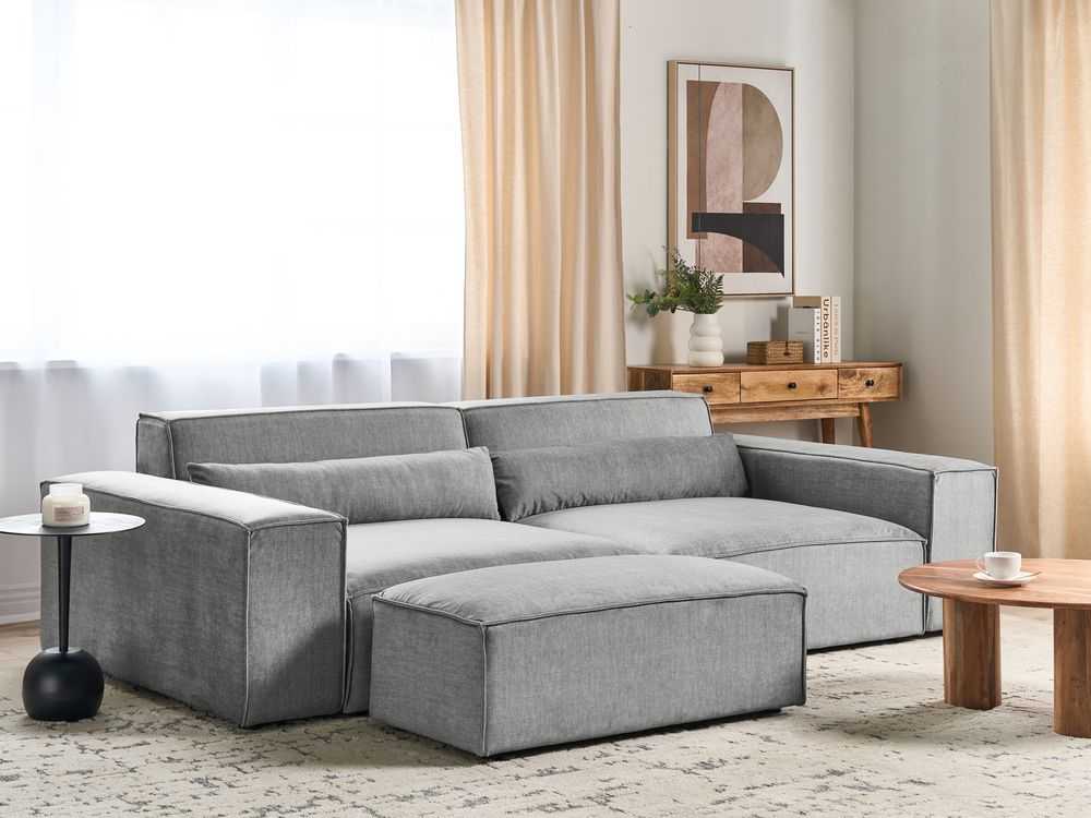 Beliani Trivietė modulinė sofa HELLNAR su otomana, pilka