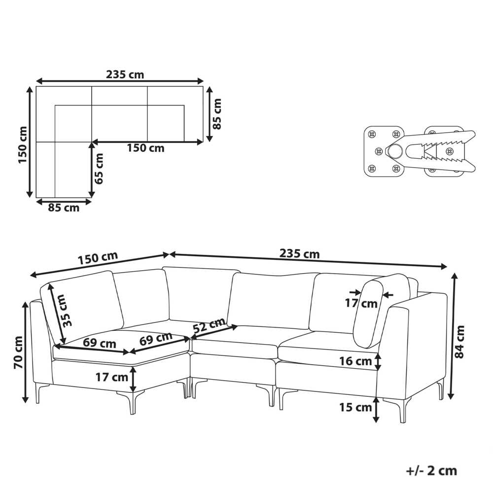Beliani 4 vietų modulinė sofa EVJA dešininė pilka veliūrinė