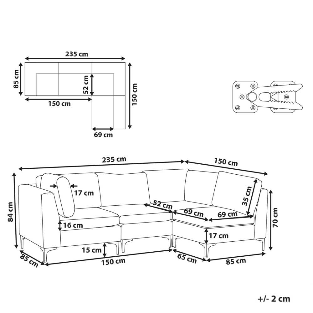 Beliani Modulinė sofa EVJA 4 asmenims, kairinė, žalia, veliūras