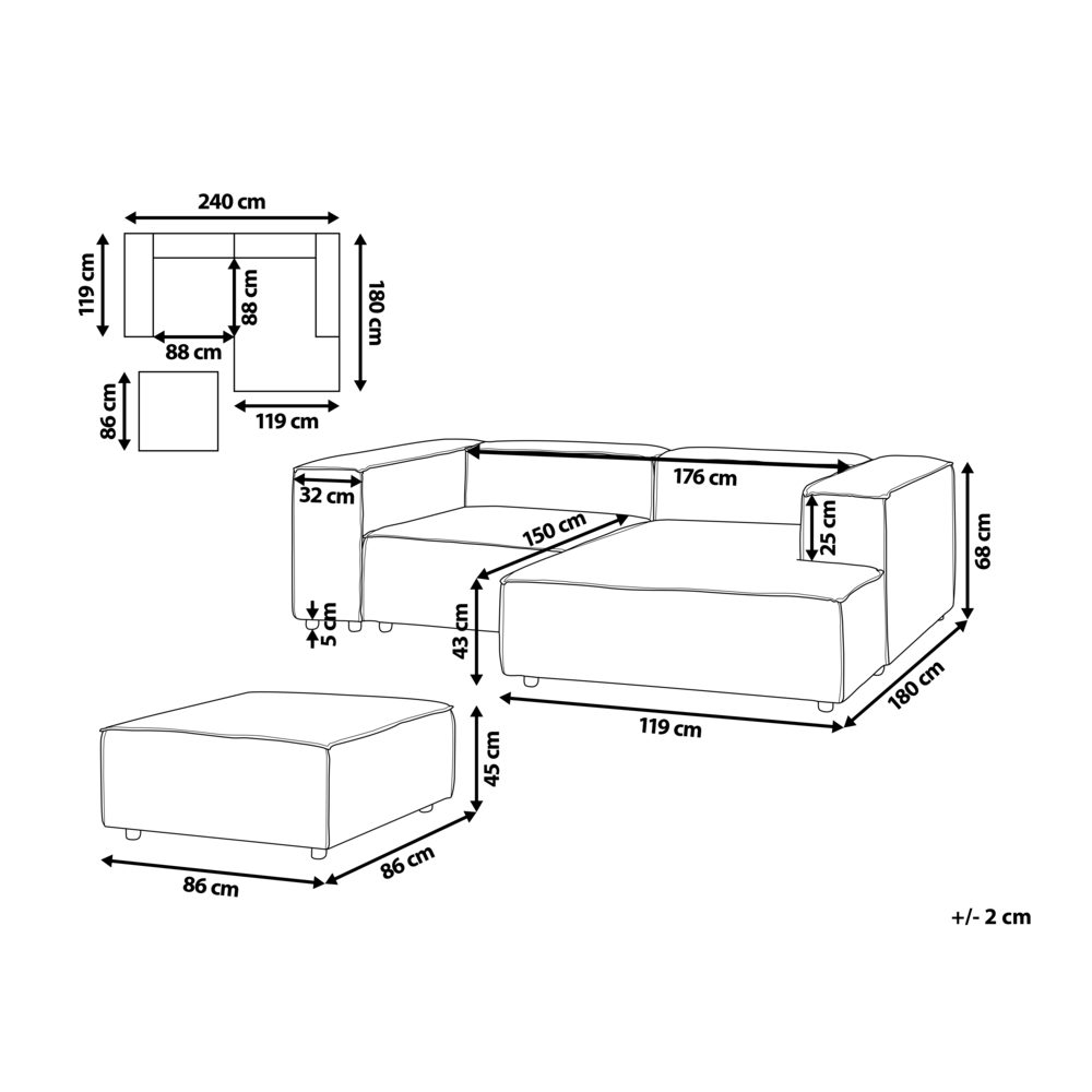 Beliani Modulinė 3 vietų kairinė sofa ARDAL šviesiai ruda su otomanu iš velveto
