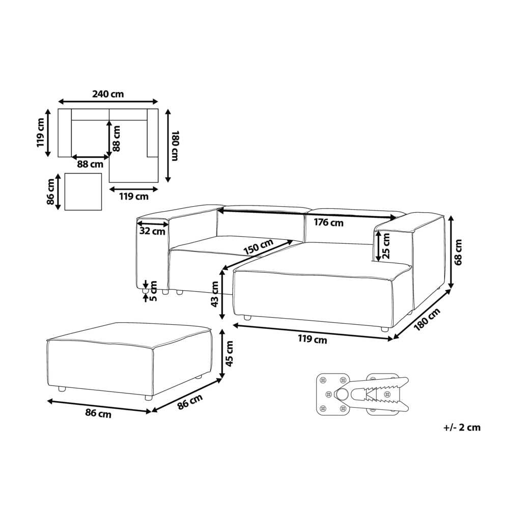 Beliani Modulinė 3 vietų kairinė sofa ARDAL šviesiai ruda su otomanu iš velveto