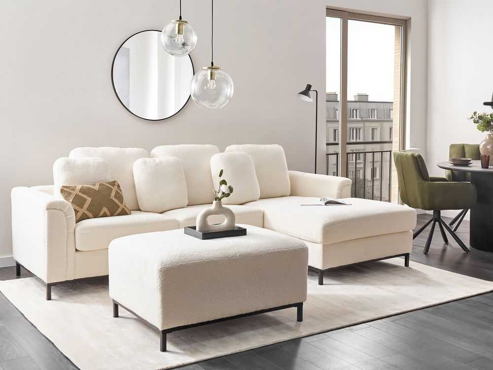 Beliani 5 vietų kampinė sofa OSLO Boucle balta su pufu, kairinė