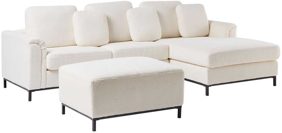 Beliani 5 vietų kampinė sofa OSLO Boucle balta su pufu, kairinė